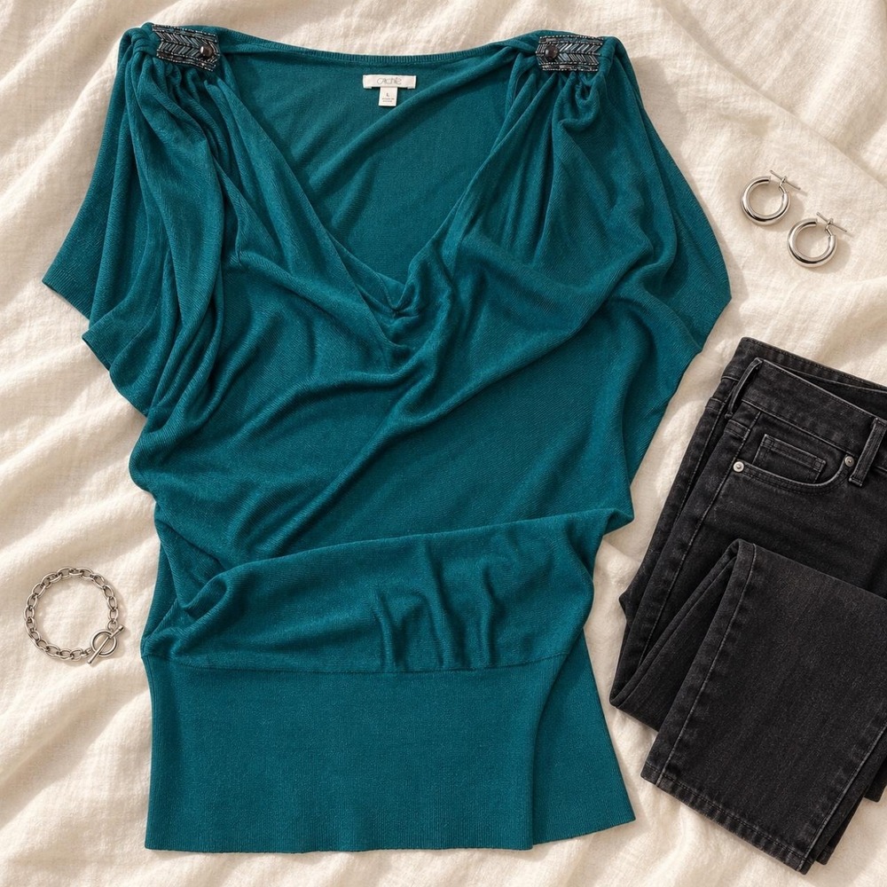 Caché 2000s y2k teal cowl neck knit top with beaded shoulders, size L. Like New